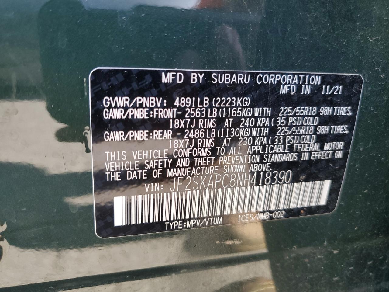 2022 SUBARU FORESTER LIMITED VIN:JF2SKAPC8NH418390