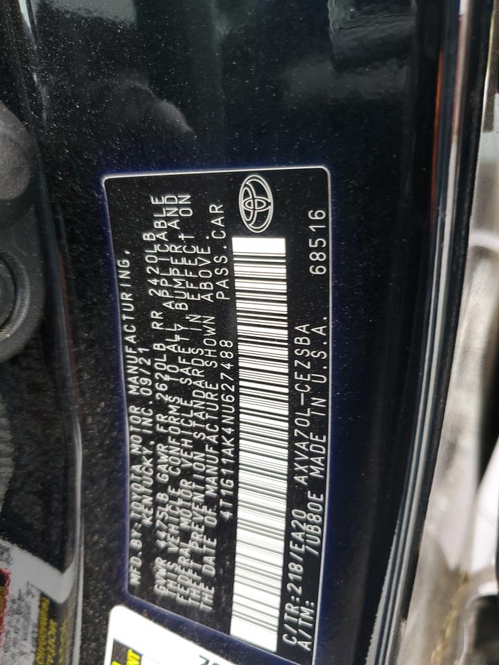2022 TOYOTA CAMRY SE VIN:4T1G11AK4NU627488