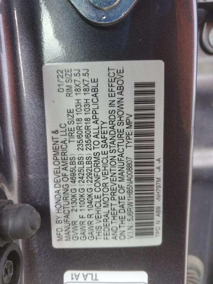 2022 HONDA CR-V EXL VIN:5J6RW1H85NA008807