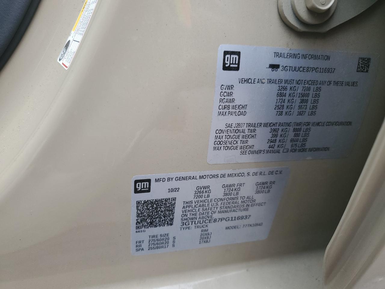 2023 GMC SIERRA K1500 ELEVATION VIN:3GTUUCE87PG116937