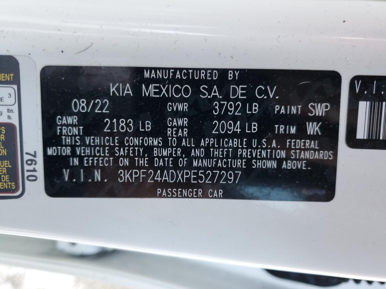 2023 KIA FORTE LX VIN:3KPF24ADXPE527297