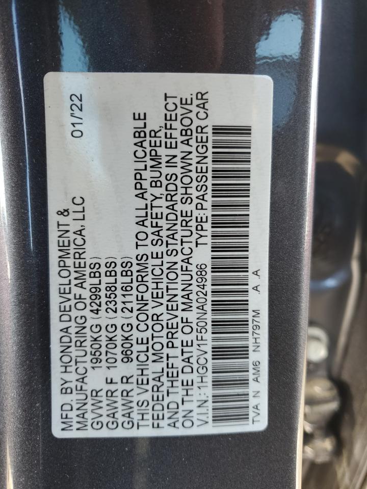 2022 HONDA ACCORD EXL VIN:1HGCV1F50NA024986
