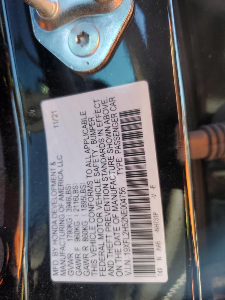 2022 HONDA CIVIC LX VIN:19XFL2H52NE004756