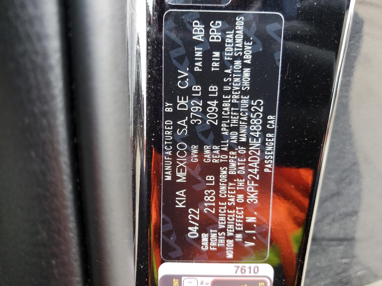 2022 KIA FORTE FE VIN:3KPF24AD2NE488525