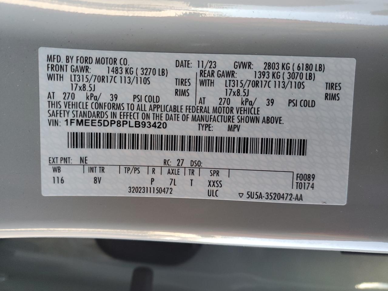 2023 FORD BRONCO BASE VIN:1FMEE5DP8PLB93420