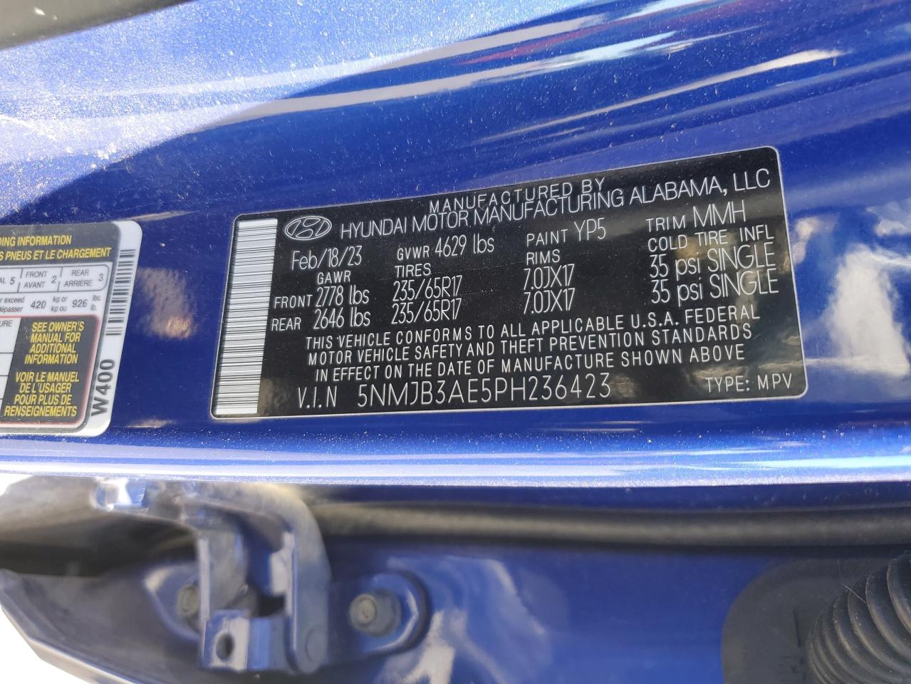 2023 HYUNDAI TUCSON SEL VIN:5NMJB3AE5PH236423