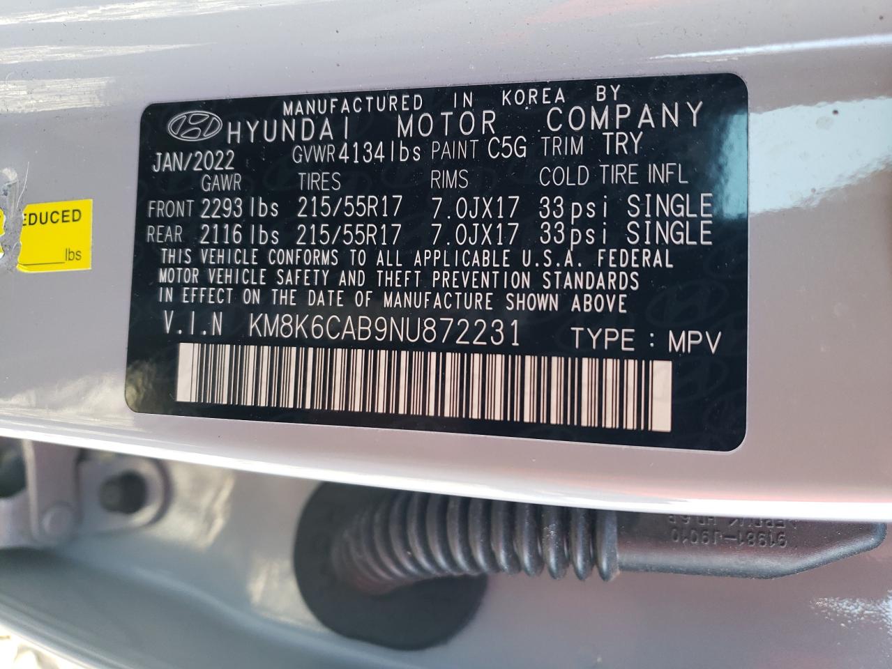 2022 HYUNDAI KONA SEL VIN:KM8K6CAB9NU872231