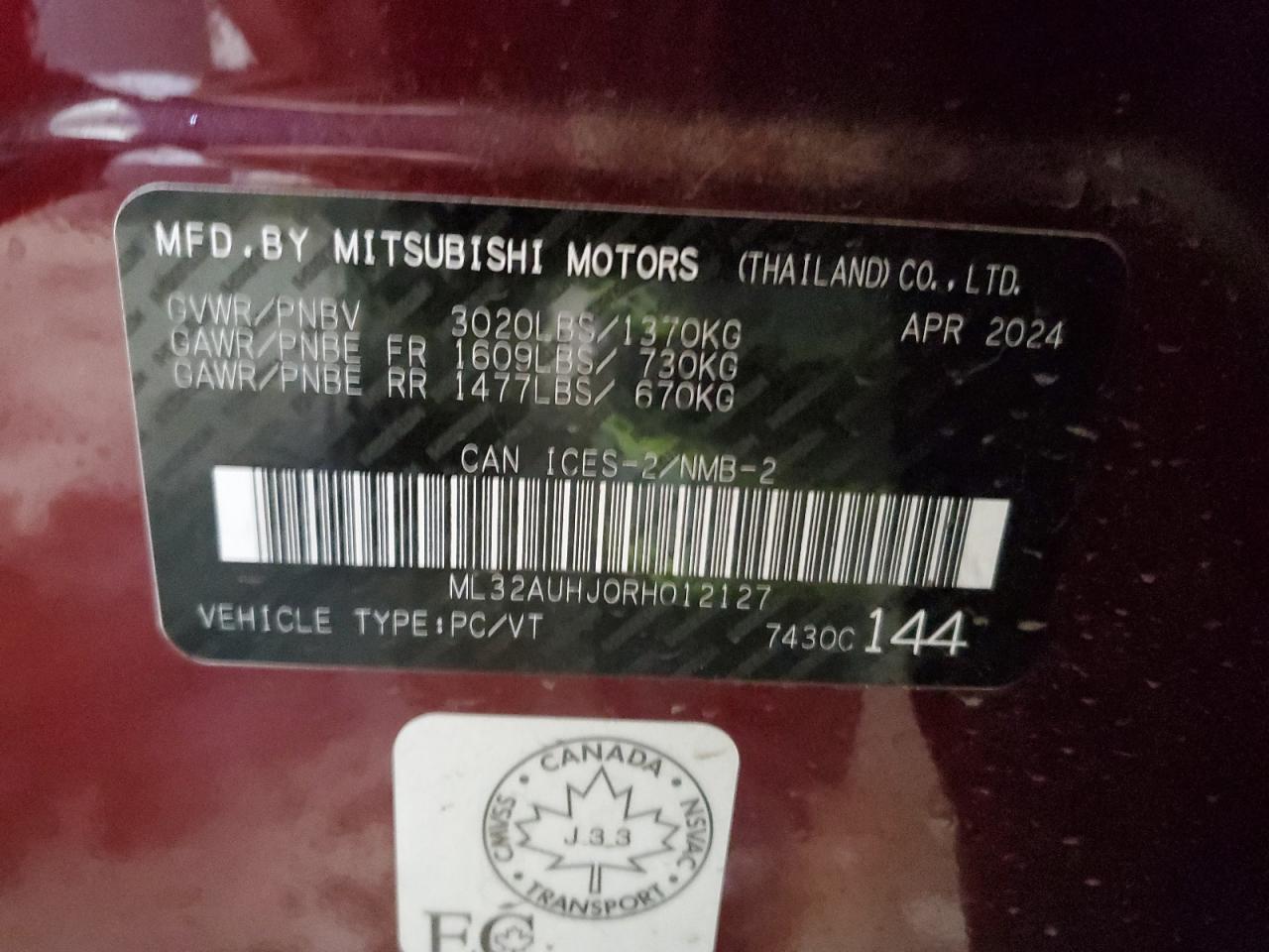 2024 MITSUBISHI MIRAGE ES VIN:ML32AUHJ0RH012127