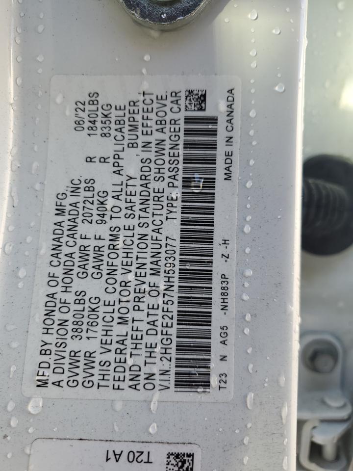 2022 HONDA CIVIC SPORT VIN:2HGFE2F57NH593077