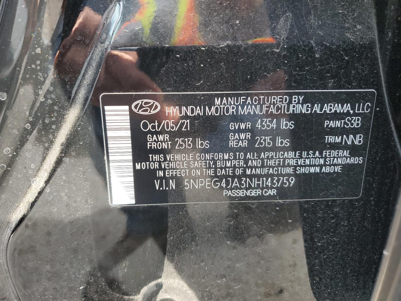 2022 HYUNDAI SONATA SE VIN:5NPEG4JA3NH143759