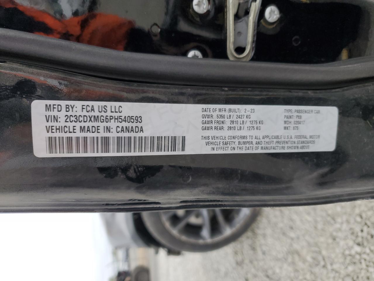 2023 DODGE CHARGER GT VIN:2C3CDXMG6PH540593