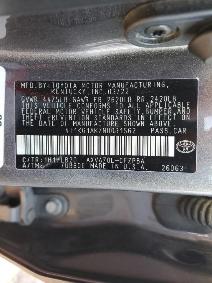 2022 TOYOTA CAMRY XSE VIN:4T1K61AK7NU031562