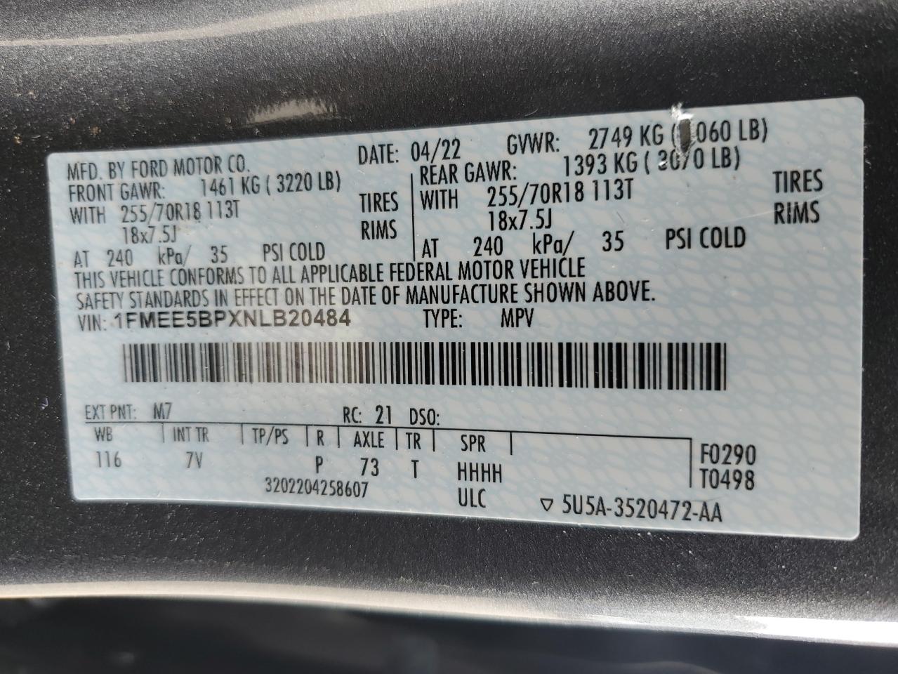 2022 FORD BRONCO BASE VIN:1FMEE5BPXNLB20484