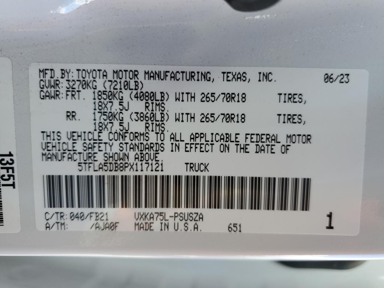 2023 TOYOTA TUNDRA CREWMAX SR VIN:5TFLA5DB8PX117121