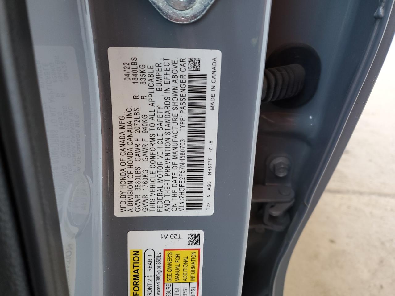 2022 HONDA CIVIC SPORT VIN:2HGFE2F57NH580703