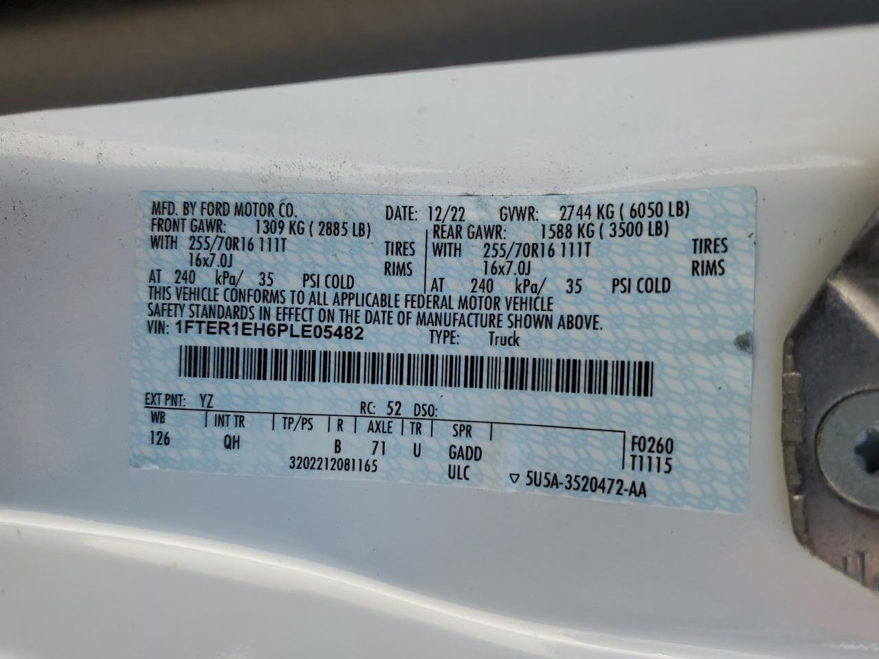2023 FORD RANGER XL VIN:1FTER1EH6PLE05482