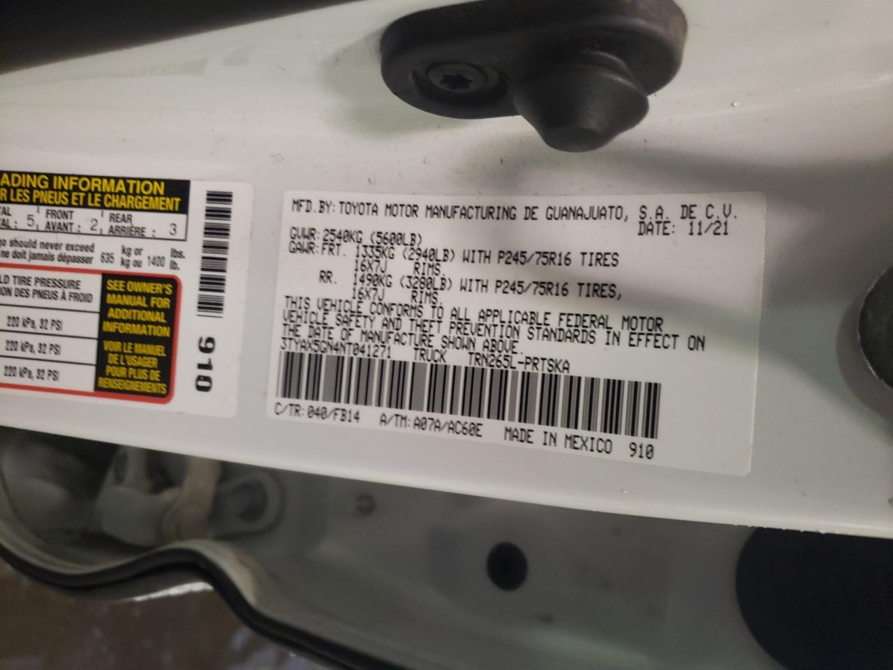 2022 TOYOTA TACOMA DOUBLE CAB VIN:3TYAX5GN4NT041271