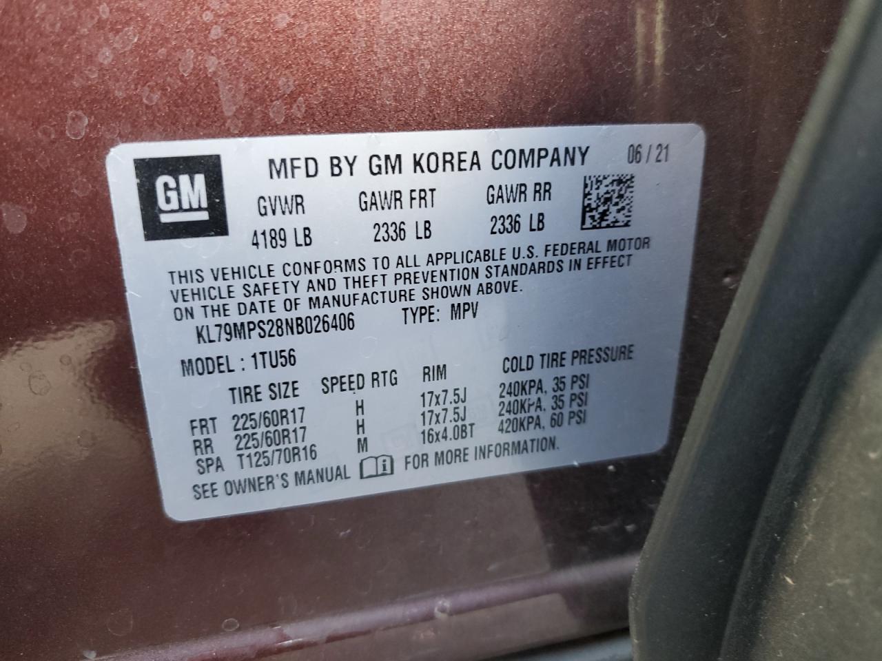 2022 CHEVROLET TRAILBLAZER LT VIN:KL79MPS28NB026406