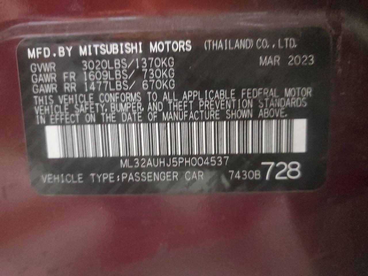 2023 MITSUBISHI MIRAGE ES VIN:ML32AUHJ5PH004537