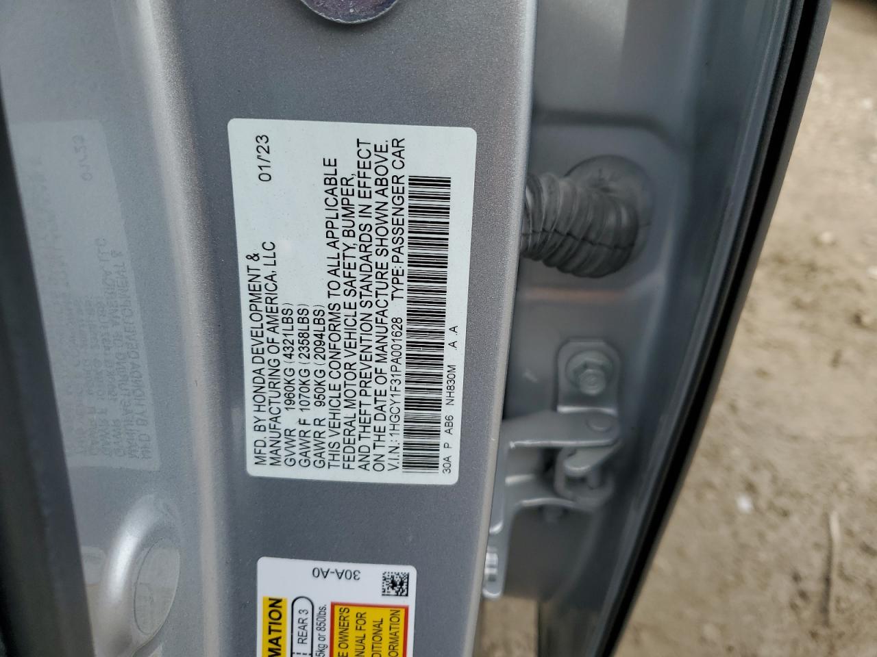 2023 HONDA ACCORD EX VIN:1HGCY1F31PA001628