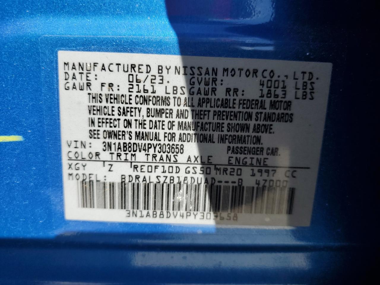 2023 NISSAN SENTRA SR VIN:3N1AB8DV4PY303658