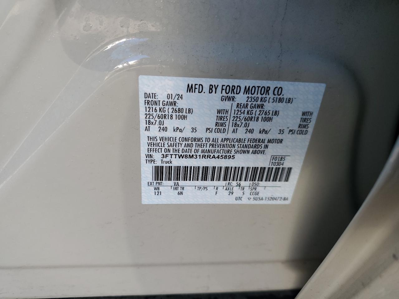 2024 FORD MAVERICK LARIAT VIN:3FTTW8M31RRA45895