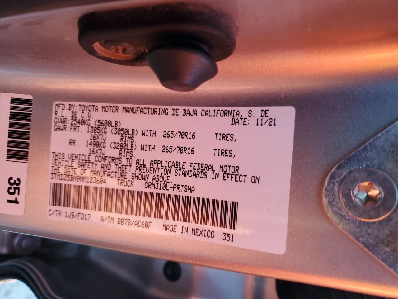 2022 TOYOTA TACOMA DOUBLE CAB VIN:3TMDZ5BN9NM123684