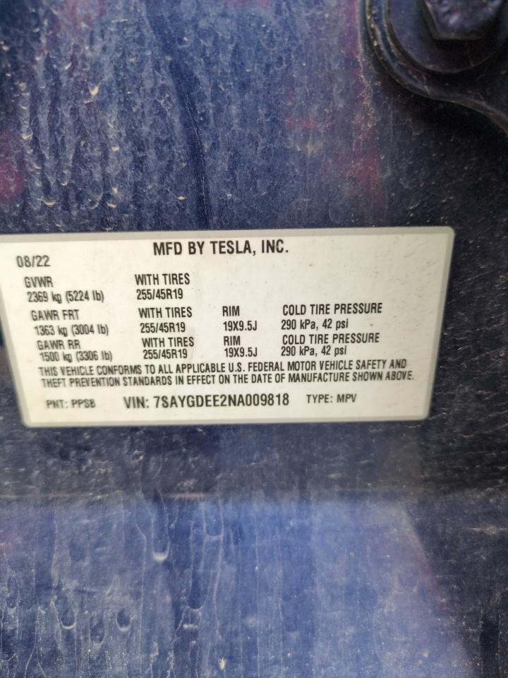 2022 TESLA MODEL Y  VIN:7SAYGDEE2NA009818