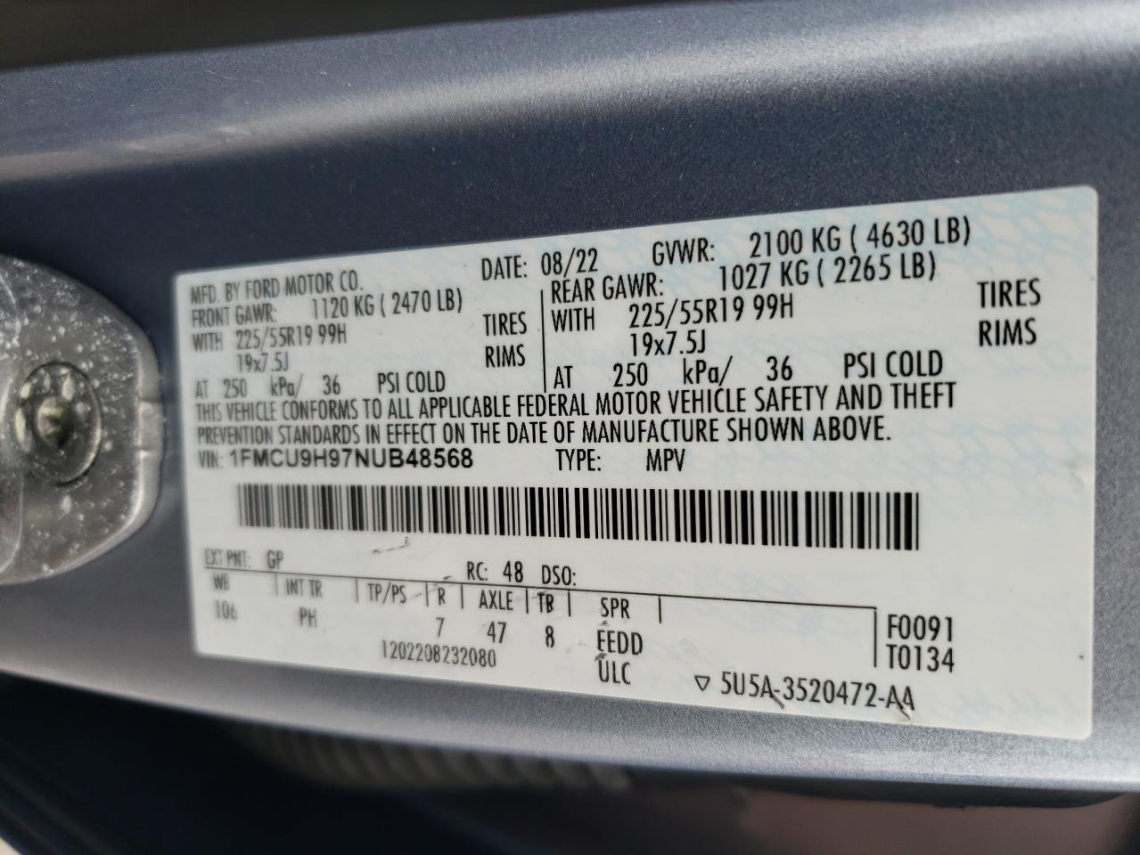 2022 FORD ESCAPE SEL VIN:1FMCU9H97NUB48568