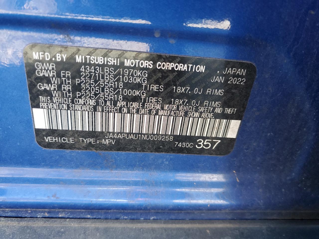 2022 MITSUBISHI OUTLANDER SPORT ES VIN:JA4APUAU1NU009258