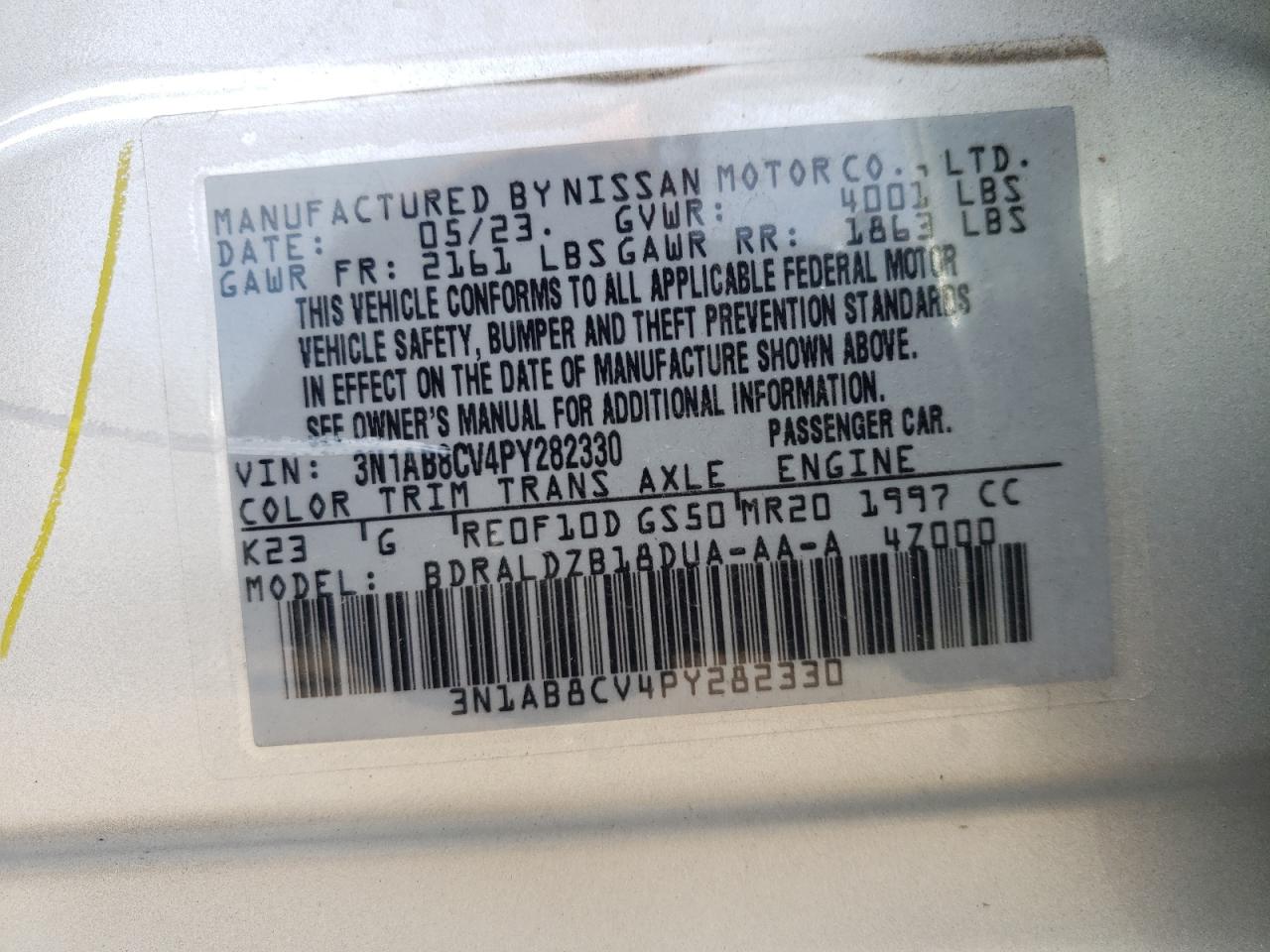 2023 NISSAN SENTRA SV VIN:3N1AB8CV4PY282330