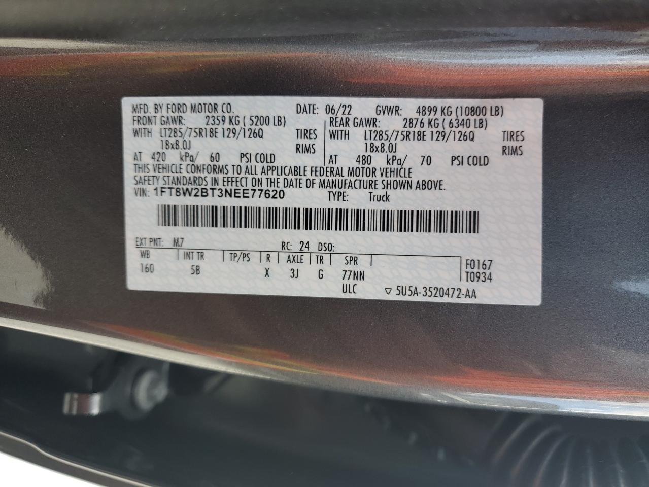 2022 FORD F250 SUPER DUTY VIN:1FT8W2BT3NEE77620