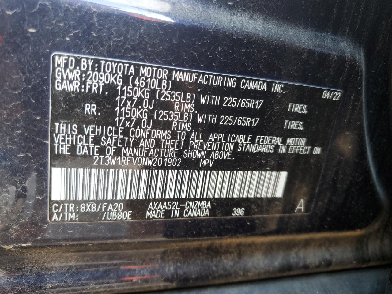 2022 TOYOTA RAV4 XLE VIN:2T3W1RFV0NW201902