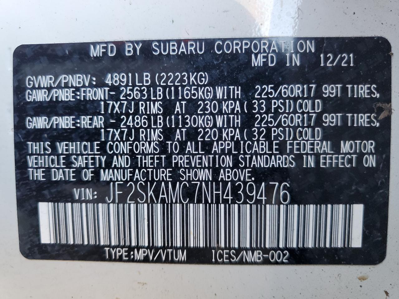 2022 SUBARU FORESTER WILDERNESS VIN:JF2SKAMC7NH439476