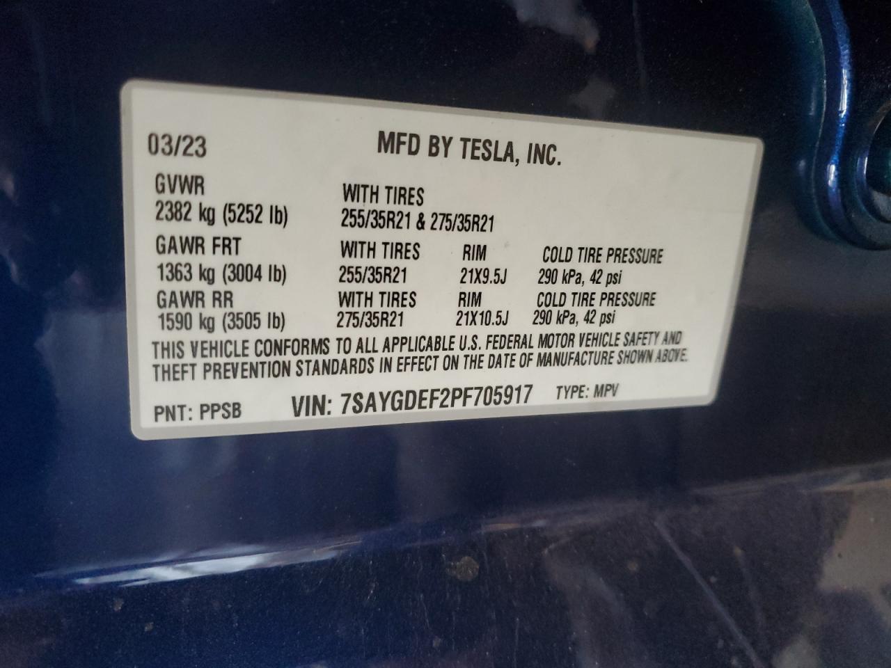 2023 TESLA MODEL Y  VIN:7SAYGDEF2PF705917