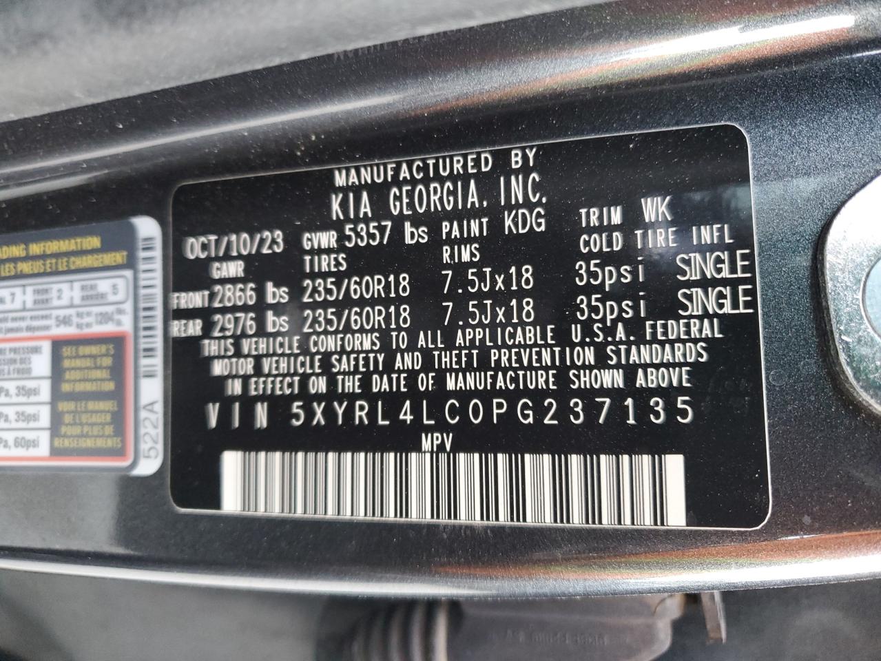 2023 KIA SORENTO S VIN:5XYRL4LC0PG237135