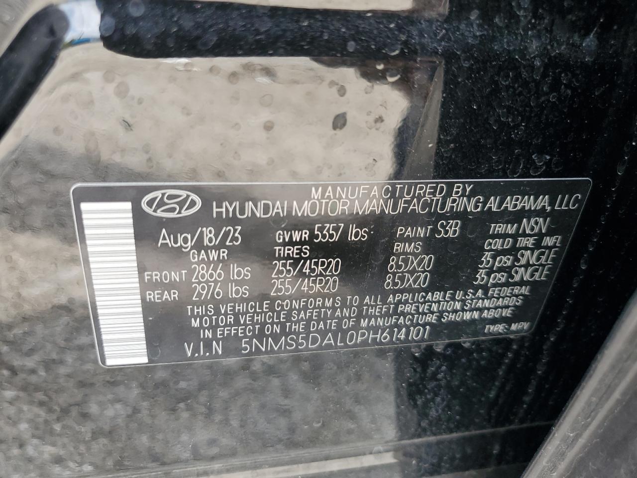 2023 HYUNDAI SANTA FE CALLIGRAPHY VIN:5NMS5DAL0PH614101