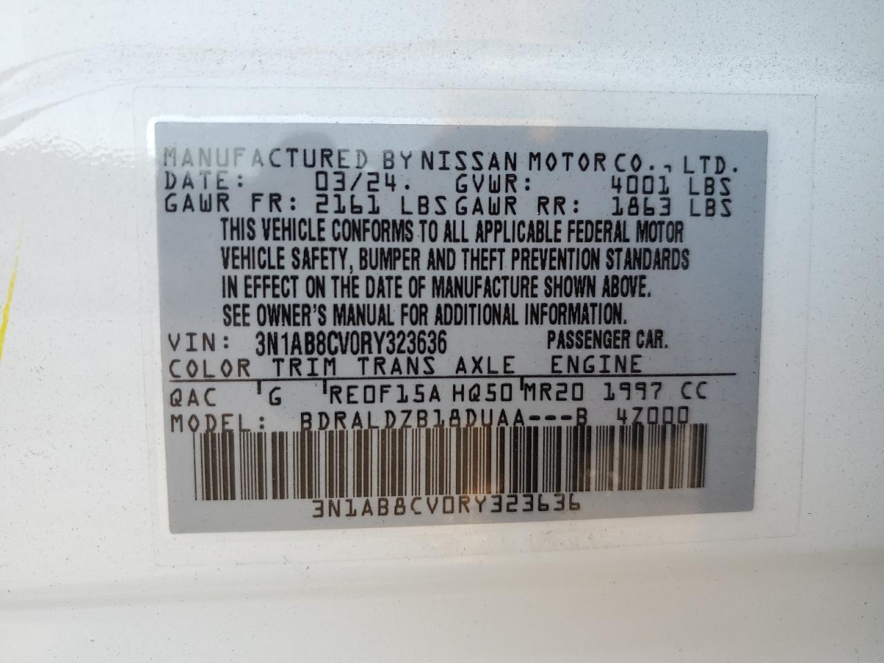 2024 NISSAN SENTRA SV VIN:3N1AB8CV0RY323636