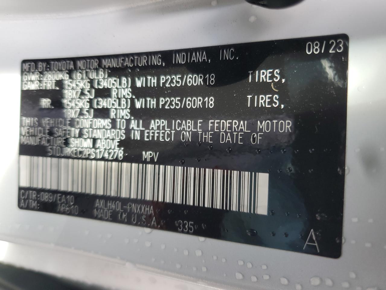 2023 TOYOTA SIENNA XLE VIN:5TDJRKEC2PS174278