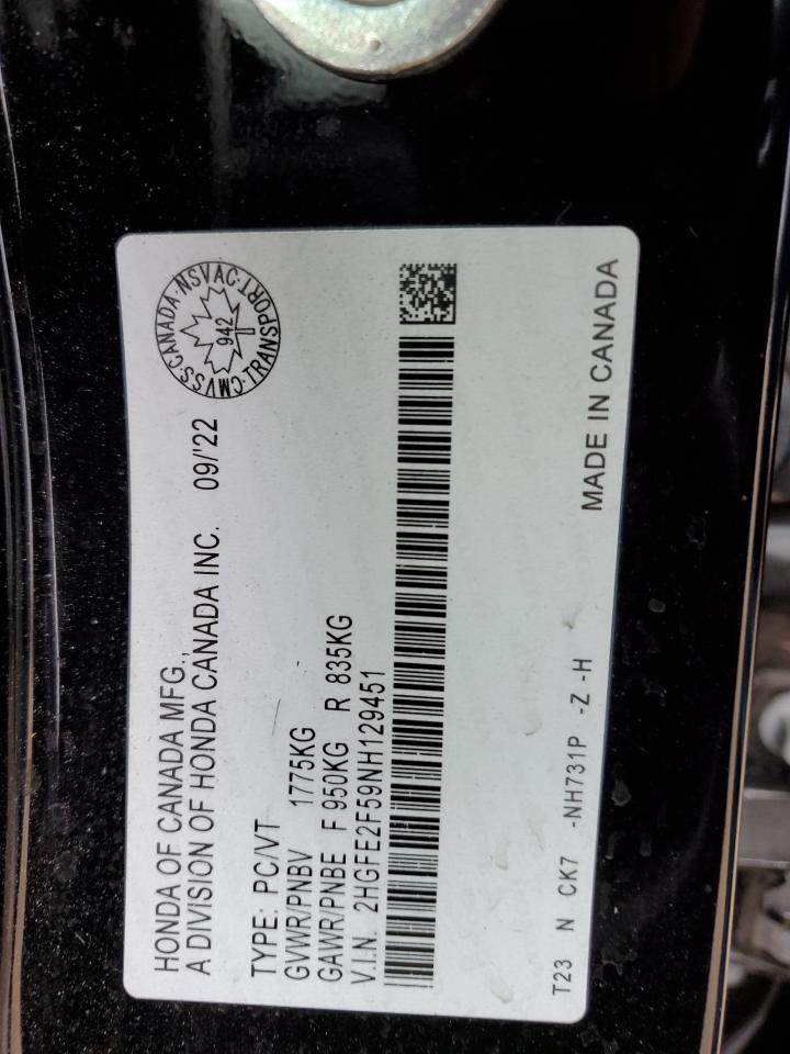 2022 HONDA CIVIC SPORT VIN:2HGFE2F59NH129451