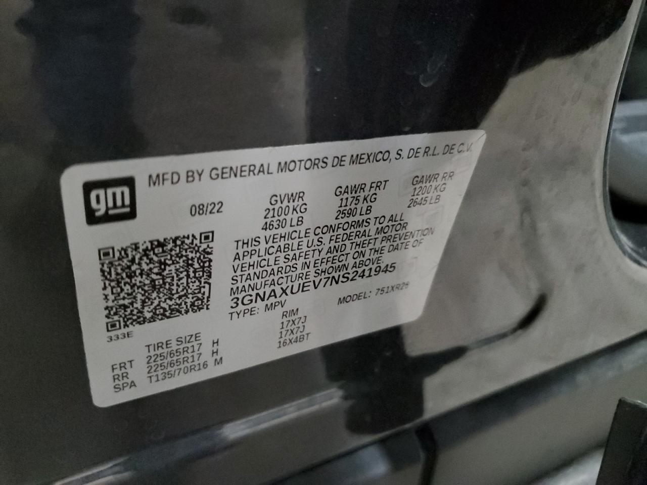 2022 CHEVROLET EQUINOX LT VIN:3GNAXUEV7NS241945