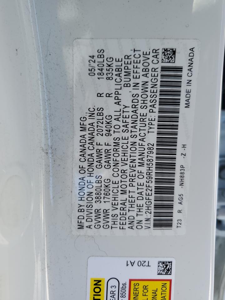 2024 HONDA CIVIC SPORT VIN:2HGFE2F59RH587982