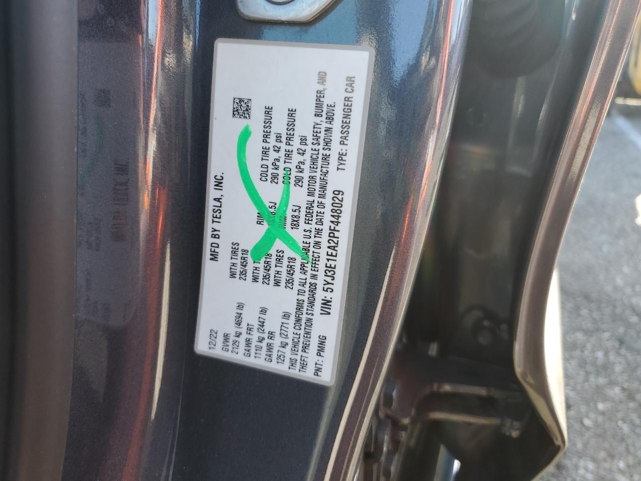2023 TESLA MODEL 3  VIN:5YJ3E1EA2PF448029