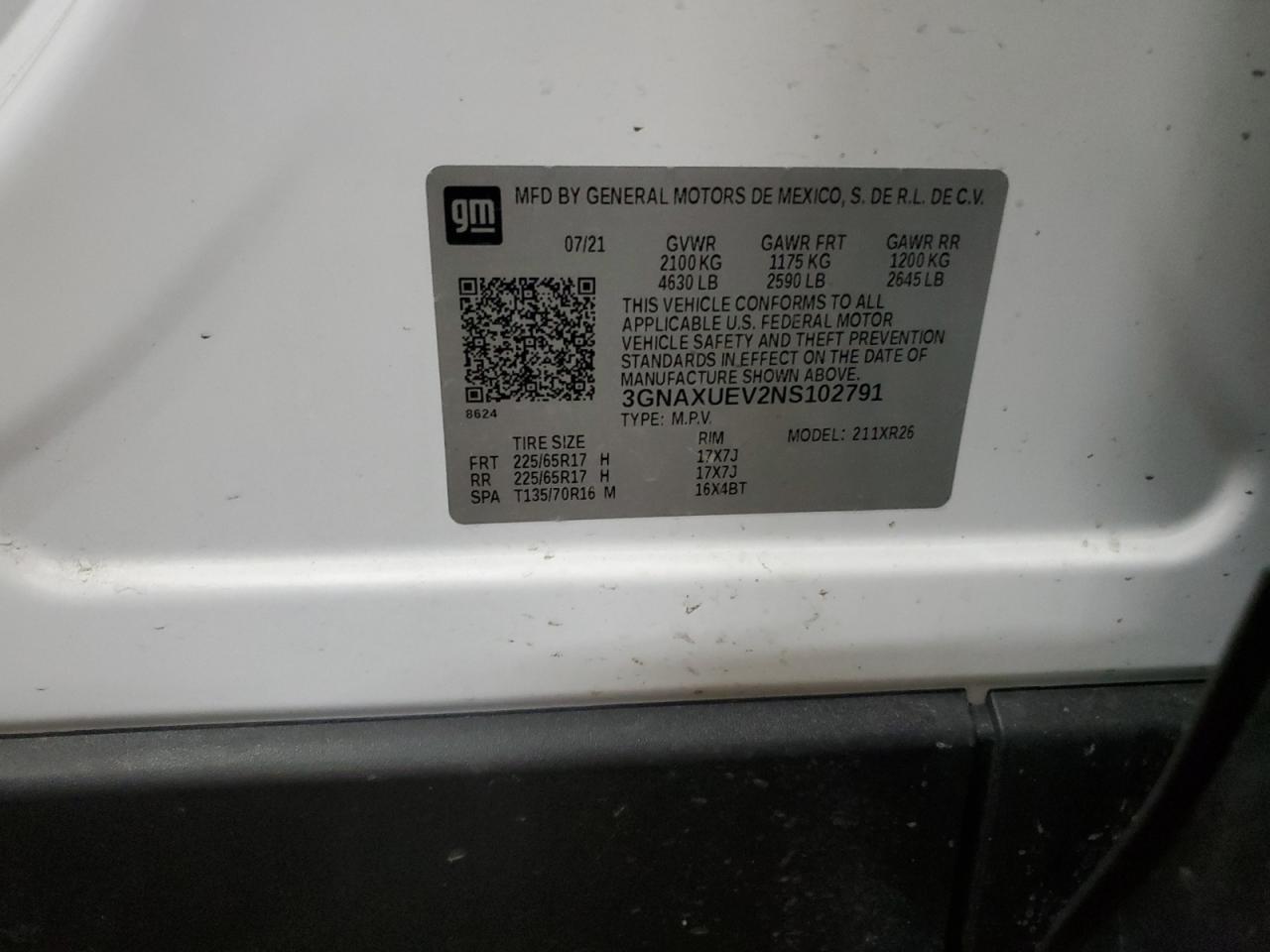 2022 CHEVROLET EQUINOX LT VIN:3GNAXUEV2NS102791