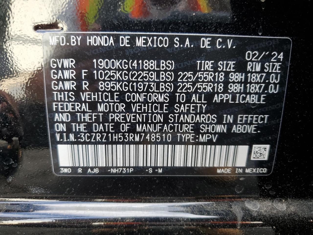 2024 HONDA HR-V SPORT VIN:3CZRZ1H53RM748510
