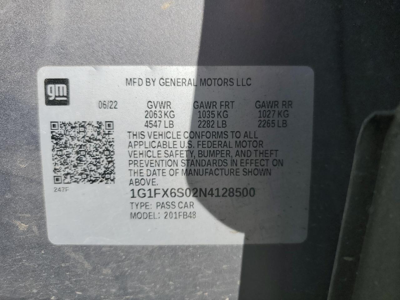 2022 CHEVROLET BOLT EV 2LT VIN:1G1FX6S02N4128500