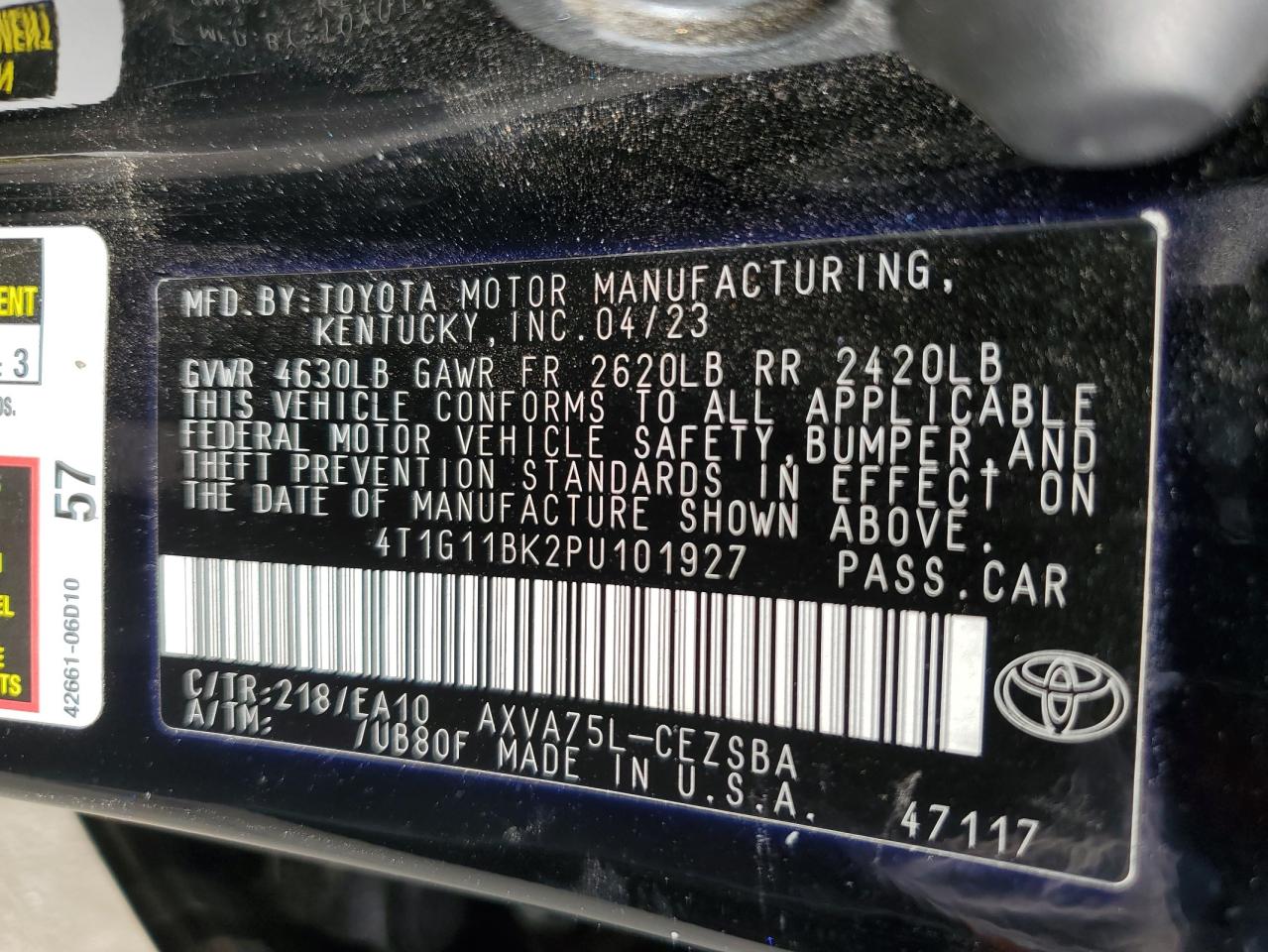 2023 TOYOTA CAMRY SE NIGHT SHADE VIN:4T1G11BK2PU101927