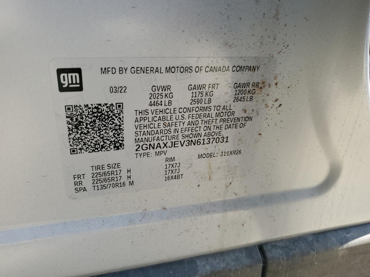 2022 CHEVROLET EQUINOX LT VIN:2GNAXJEV3N6137031