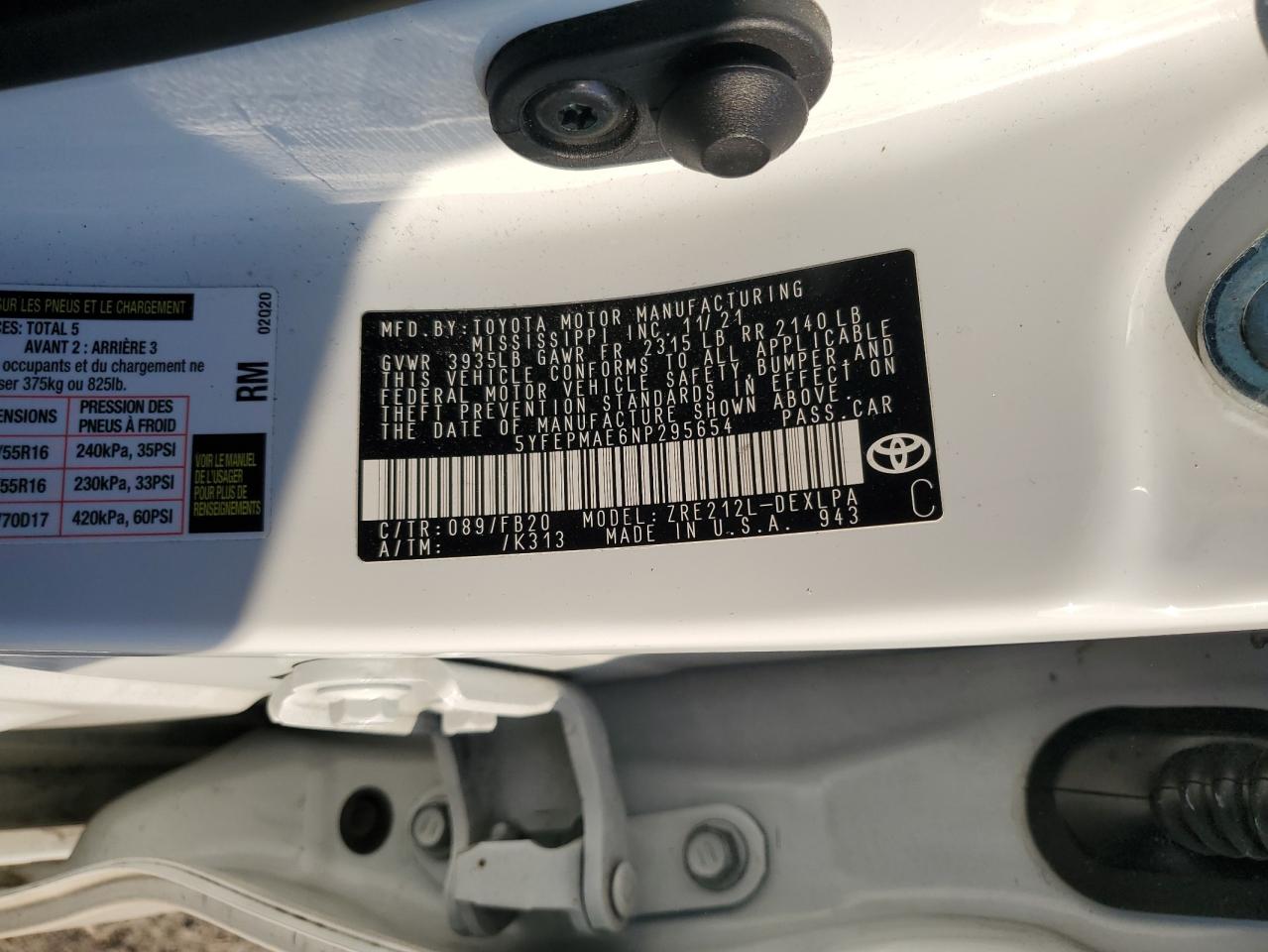2022 TOYOTA COROLLA LE VIN:5YFEPMAE6NP295654