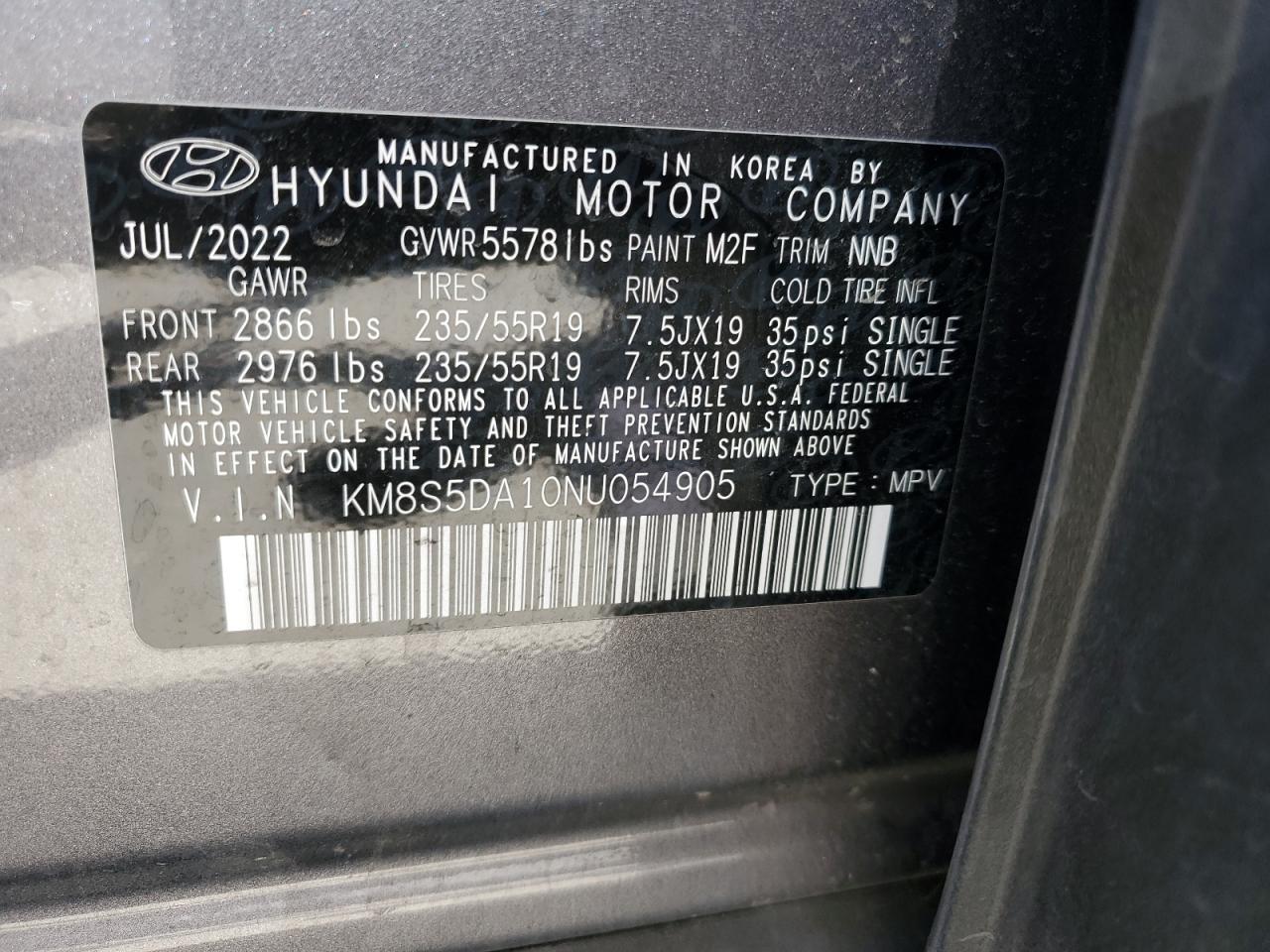 2022 HYUNDAI SANTA FE LIMITED VIN:KM8S5DA10NU054905